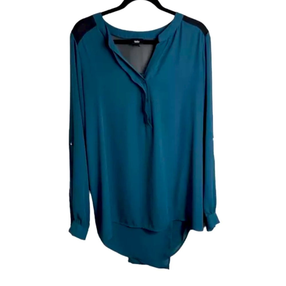 Mossimo Teal Green Semi Sheer Tunic Blouse XXL V Neck Long Puff Sleeve